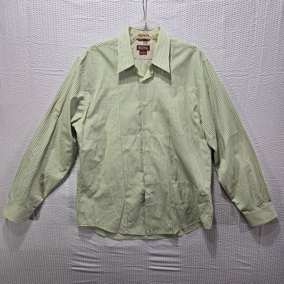 Michael Kors Mens Dress Shirt Green & White Striped Squares 100% 80s 2ply Cotton - Picture 1 of 6